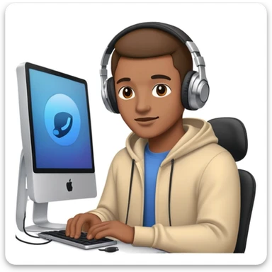 man with headphones in front of computer mac sticker
