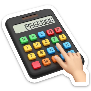 3D iPhone style emoji of a person using a calculator, finger pressing colorful buttons, digital display showing numbers, isolated on white background, soft shadows, high detail, playful and cute. sticker