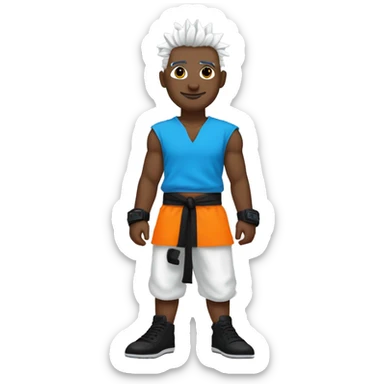 Silver spiked hair
White skin
Black eyes
Orange gi over blue short-sleeved T-shirt
Black shoes
Black wrist bands on both wrists
Black belt sticker