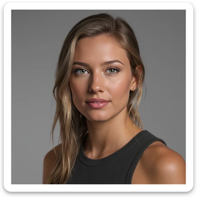 Realistic portrait, blending facial features, eye color, hair texture, and lip expressions from two reference images. The result should look like a natural person, not a digital collage. Style: Photorealistic, 8K, detailed skin, soft diffused light, gray background. sticker