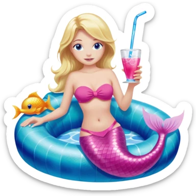 woman who is a mermaid with blonde hair and blue eyes sitting in a pink pool tube in a blue pool sipping a drink wearing a pink bikini top and a pink mermaid tail  sticker