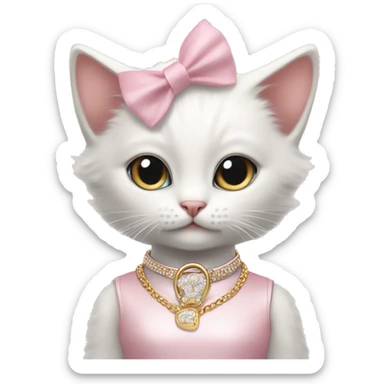 A cute white kitten wearing a pastel pink dress, a ribbon on its head, white Jordan shoes, Dior-branded gloves, a large gold necklace, and big silver earrings. sticker