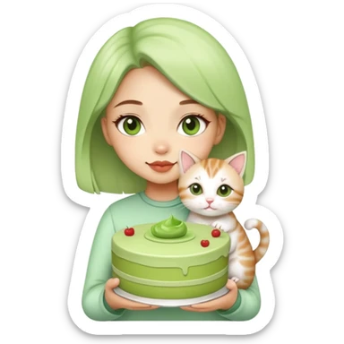 Beautiful girl holding a big matcha cake and a kitten in her hands sticker