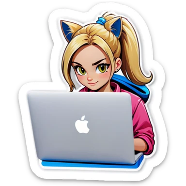 Blonde girl ponytail macBook and a cat sticker