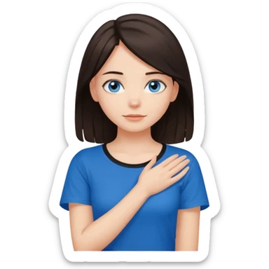 Girl with dark brown hair thats about shoulder lenght with blue eyes putting two hands on their neck in a black tshirt sticker