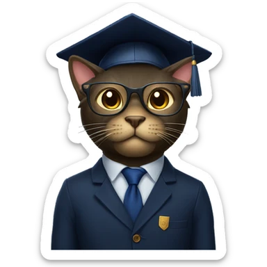 The student is a black wool cat in a dark blue suit, a square academic dark blue cap and golden glasses sticker