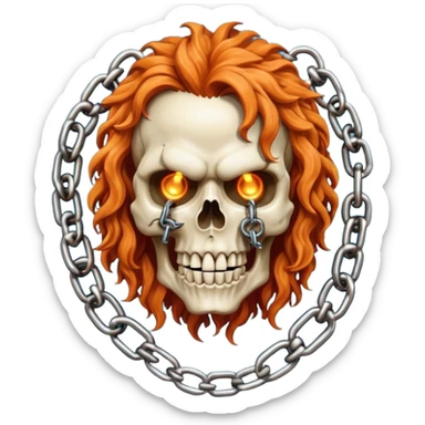 cinematic realistic steam-punk Megadeth iconic skull mascot with a rusty chain in his teeth, huge curly orange hair sticker