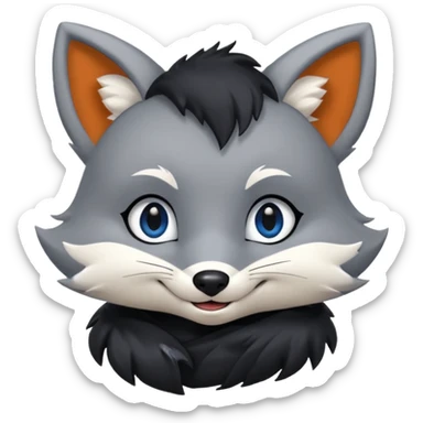 Grey anthropomorphic furry fox with a black coat, blue eyes, and a small fringe of black hair, smiling sticker