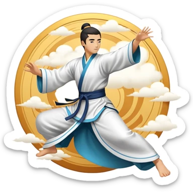 Emblem symbolizing Wushu martial arts. A graceful martial artist performs a dynamic kung fu pose, with flowing movements and a long, elegant robe. The background features stylized clouds and traditional Chinese symbols, representing fluidity, balance, and precision. Transparent background. sticker