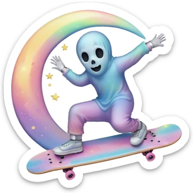 ghost skateboarding under a pastel moon and stars sticker