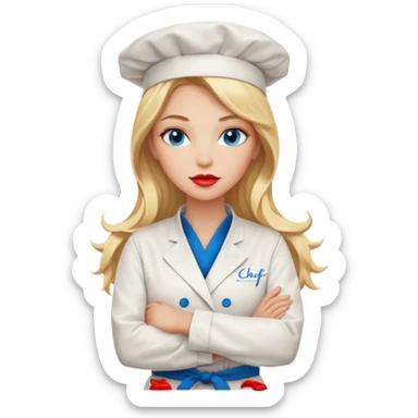 Beautiful, sexy,  long blonde hair, blue eyed, full red lips plunging v neck chefs coat, female chef arms folded  sticker