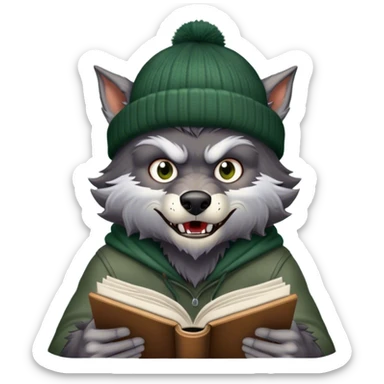 werewolf wearing a dark green beanie reading a book sticker