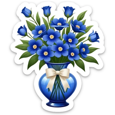 "A glass vase filled with deep blue flowers, tied with a soft ribbon, elegant and vintage-inspired." sticker