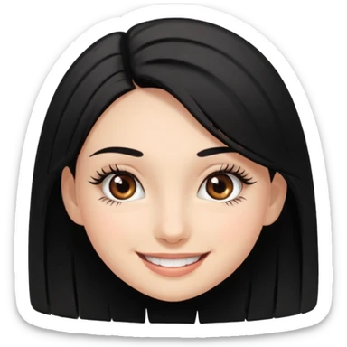 emoji of a black-haired girl smiling widely and showing her eyelashes, no text sticker