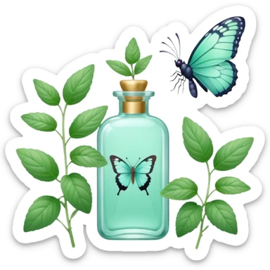 Minty perfume with mint plants, and butterfly, pastel aesthetic, pastelcore sticker