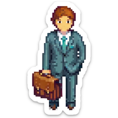 A businessman in a crimson suit with a briefcase sticker
