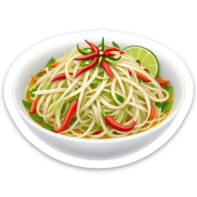 Cinematic Realistic Som Tam (Papaya Salad) Dish Emoji, featuring a spicy, tangy salad of shredded green papaya with chili and lime rendered with crisp textures and bright, lively lighting. sticker