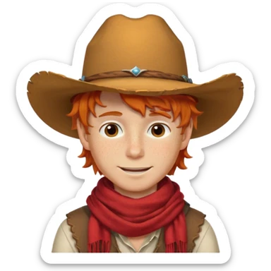 a wavy orange hair boy wearing a cowboy hat with a mischievous grin and freckles with western red scarf on his neck sticker