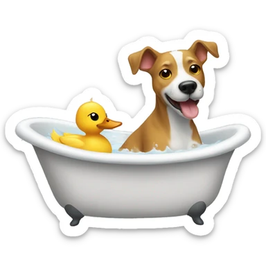 a dog taking a bath with a duckling sticker