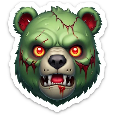 zombie bear portrait, head and shoulders only, cracked skin, stitched scars, glowing red-green eyes, powerful undead beast vibe, 3D cartoon, mobile game icon style, clean background, no text, no watermark
 sticker