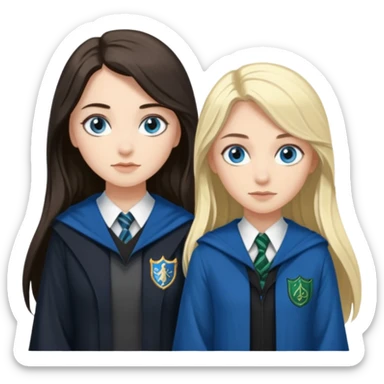 a pretty ravenclaw girl with long dark brown hair and blue eyes standing with a hot Slytherin girl with long blonde hair, blue eyes sticker