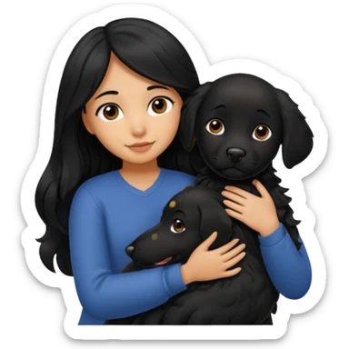 a girl with long, wavy black hair hugging a black Labrador with black fur a sticker