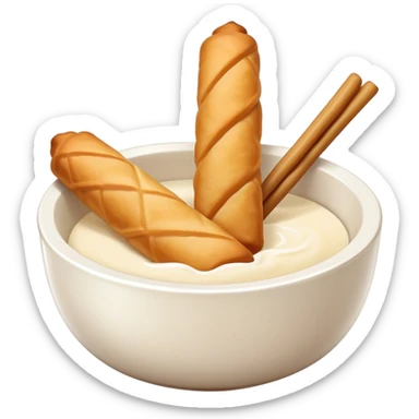 Soy milk and fried dough sticks Doujiang Youtiao in bowl and stick, simplified emoji style with bold outlines and bright colors, cartoon style traditional Chinese breakfast combo sticker