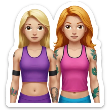 girl with long blonde hair and tattoos next to an athletic ginger girl colorful clothes sticker