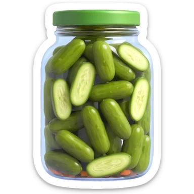 clear jar showing green pickles in brine, glossy rich dark green lid, pickles and liquid clearly visible through glass sticker