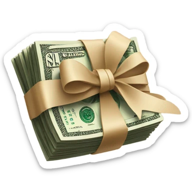 a bundle of money tied with a beige bow sticker