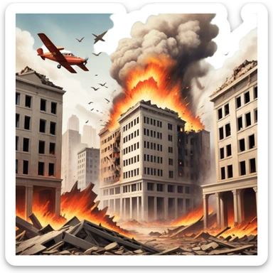A vintage movie poster-style design with a dramatic scene of a natural disaster like an earthquake, tornado, or tsunami. Include crumbling buildings, flying debris, and fiery explosions. The background should be chaotic, with a cinematic, apocalyptic vibe. Transparent background. sticker