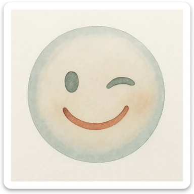 Make the smiling face emoji wink, keeping the soft and textured watercolor 2D style with delicate color blending. sticker