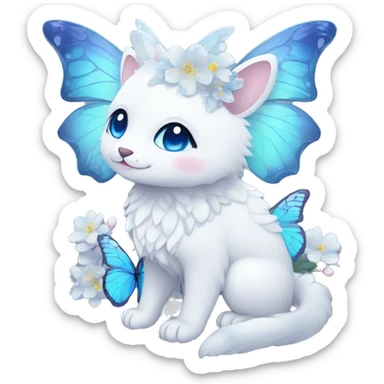 Edgy Cute Cool Kawaii gorgeous sparkly ethereal white fantasy animal with blue eyes sona with flowers and butterflies sticker