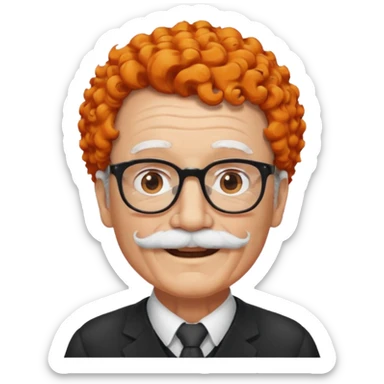 An elderly man with curly orange hair, brown eyes, black glasses, and a white mustache, wearing a gentle smile. sticker