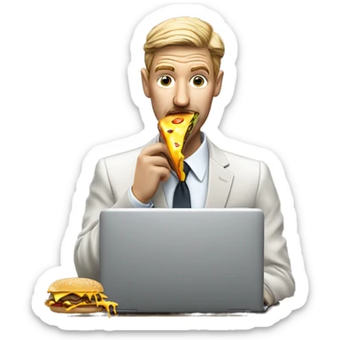 A business man in a suit eating a messy cheeseburger that is dripping onto his laptop like he doesn't care because lunch is more important than work.  sticker