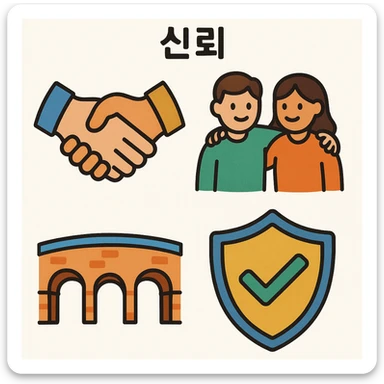 Visual concept of trust (신뢰) represented through four distinct illustration or emoji styles, each conveying the feeling of trust with different visual metaphors or symbols, such as a handshake, two people supporting each other, a sturdy bridge, and other symbols of reliability and confidence. sticker