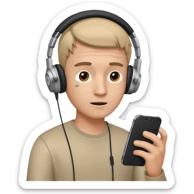 confused guy headphones on and with phone in hand turned to left quaterly sticker