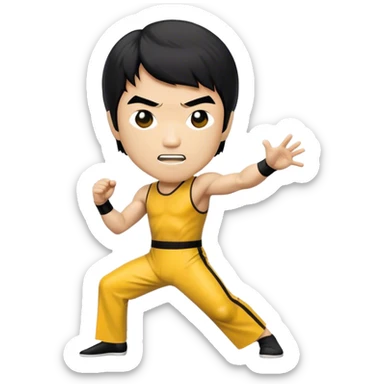 Cinematic Realistic Bruce Lee Pop Culture Emoji, featuring a dynamic portrayal of the legendary martial artist rendered with crisp detail and energetic lighting. sticker