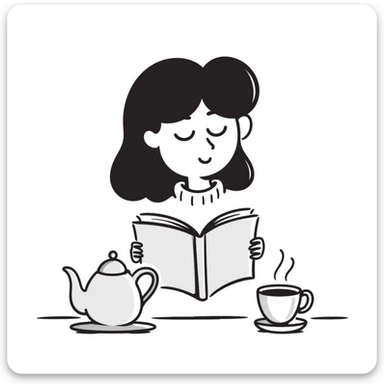 A person comfortably reading a book with a cup of tea nearby sticker