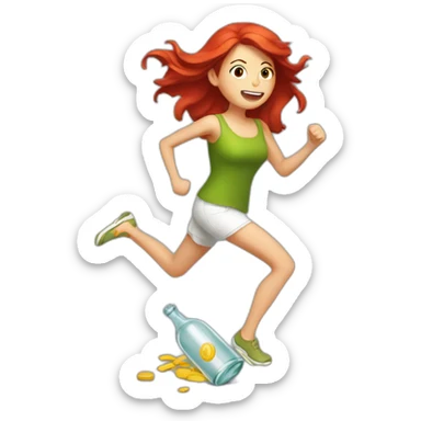 red-haired woman runs under her feet a broken bottle sticker