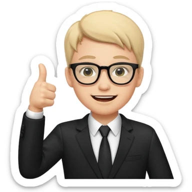 un estudiante con terno negro que este parado con sus lentes guiñando el ojo y CON LAS MANOS HACIA ARRIBA DANDO LIKE sticker