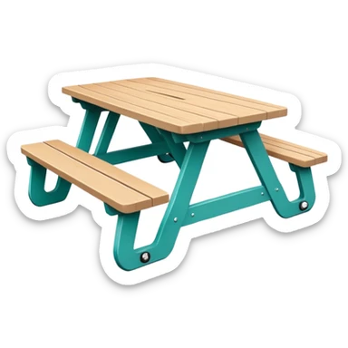 rectangular picnic table with benches, soft teal color, straight vertical legs, wheels underneath, flat wood-style silhouette, clean geometry, minimal shading, theatrical prop sticker
