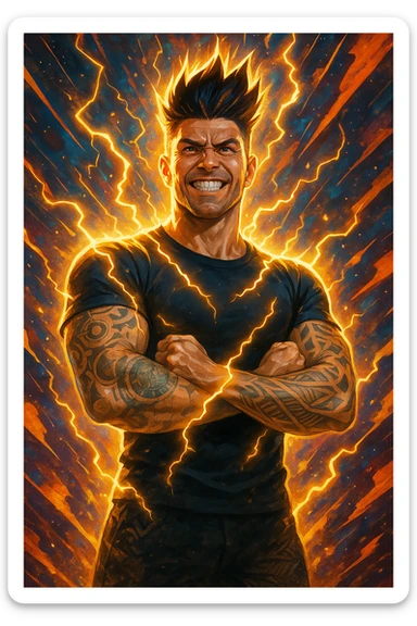 a man with a chiseled physique and wild, upward hair stands center stage, fists clenched and chest out. A radiant, electric aura envelops him, with energy lines and glowing effects highlighting his strength and masculinity. His face shows determination and pride, and the background features explosive, dynamic patterns. sticker