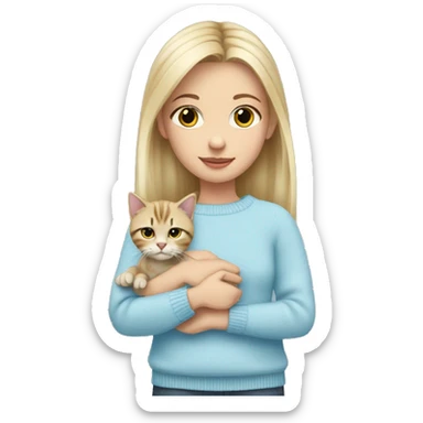 Blond shoulder lenght hair girl in a baby blue sweater holding a tabby cat with with paws and face sticker