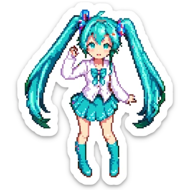 Hatsune Miku pixel art style, turquoise twin tails, simple outfit, singing sticker