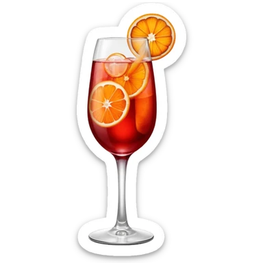 A tall elegant wine glass filled with bright red Campari spritz, with bubbles, an orange slice, and a curled orange peel garnish. sticker