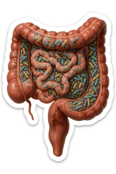 INTESTINO UMANO ANATOMICO CON ALL'INTERNO PIENO DI BATTERI INTESTINALI, IPERREALISTICO 4K sticker