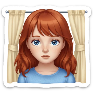Brown red hair girl with eyelashes and blue eyes and freckles with a small nose and flowy hair with curtain bangs  sticker