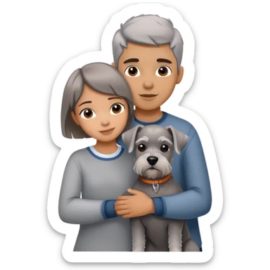 a boy and a shorthair girl hug a grey Schnauzer sticker