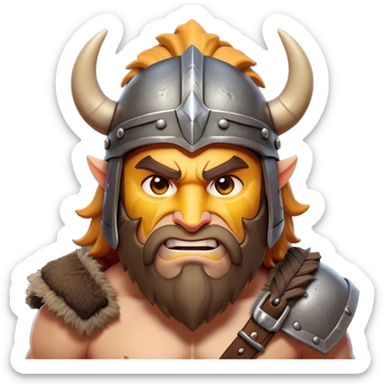 Cinematic Fierce Barbarian Portrait Emoji, Poised and bold with a rugged yet cartoonish build in tattered furs and a horned helmet, expressive bright eyes and a confident smirk, Simplified yet dynamic features, highly detailed, glowing with a vivid, adventurous aura, high shine, heroic and spirited, stylized with an air of medieval warrior charm, focused and energetic, soft glowing outline, capturing the essence of a fearless barbarian adventurer ready to lead his clan with spirited valor! sticker